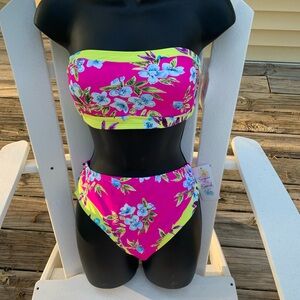 Floral Bandeau Bikini Set neon pink and yellow  high waist size M